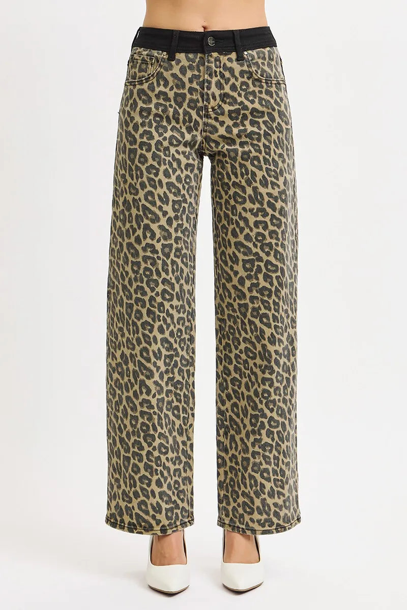 RISEN Coffee High Rise Wide Leg Leopard Printed Jeans with Contrast Waist Band Detail
