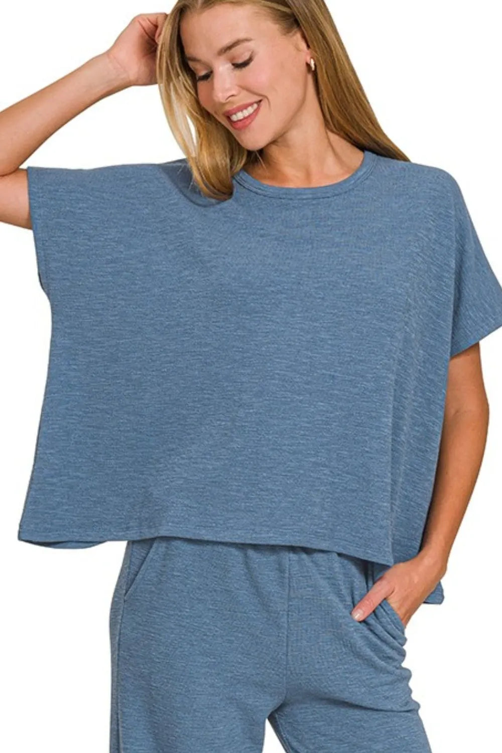 Zenana Dusty Blue Cotton Slub Top & Pants Set