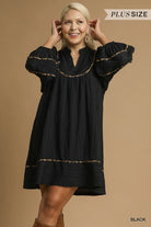 Umgee Black Textured Babydoll Dress with Leopard Trim Black