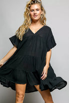 POL Ruffle Shirred V-Neck Short Sleeve Cotton Dress