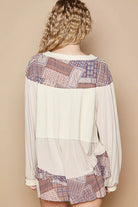 POL Oatmeal Half Button Balloon Sleeve Top with Printed Knit Contrast