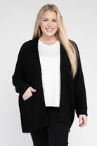 eesome Plus Size Ribbed Knit Open Front Cardigan BLACK eesome