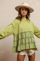 BiBi Light Olive French Terry and Woven Mixed Tiered Top LT OLIVE
