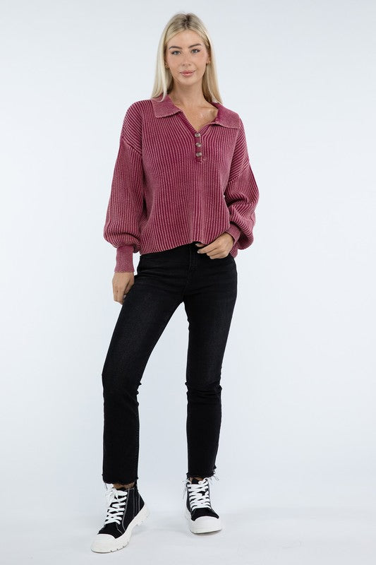 Zenana Washed Collared Henley Sweater in 6 Colors! ZENANA