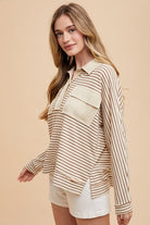 Annie Wear Taupe Striped Button Detail Long Sleeve Polo Top