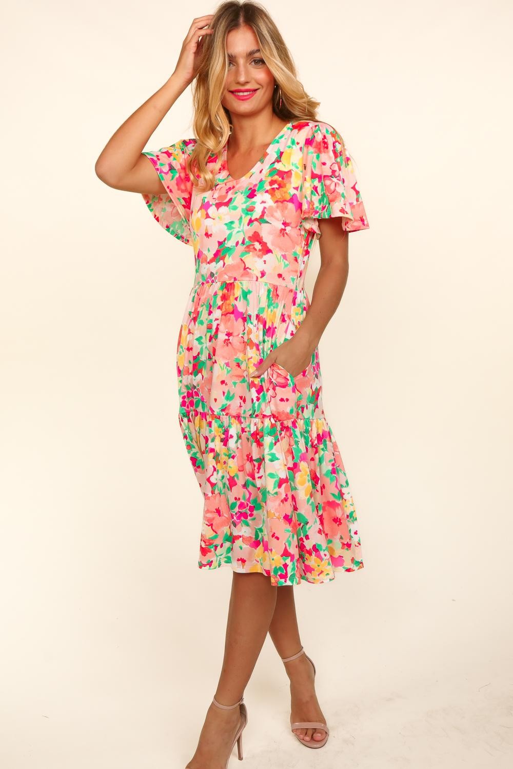 Haptics Tiered Floral Midi Dress with Pockets Trendsi