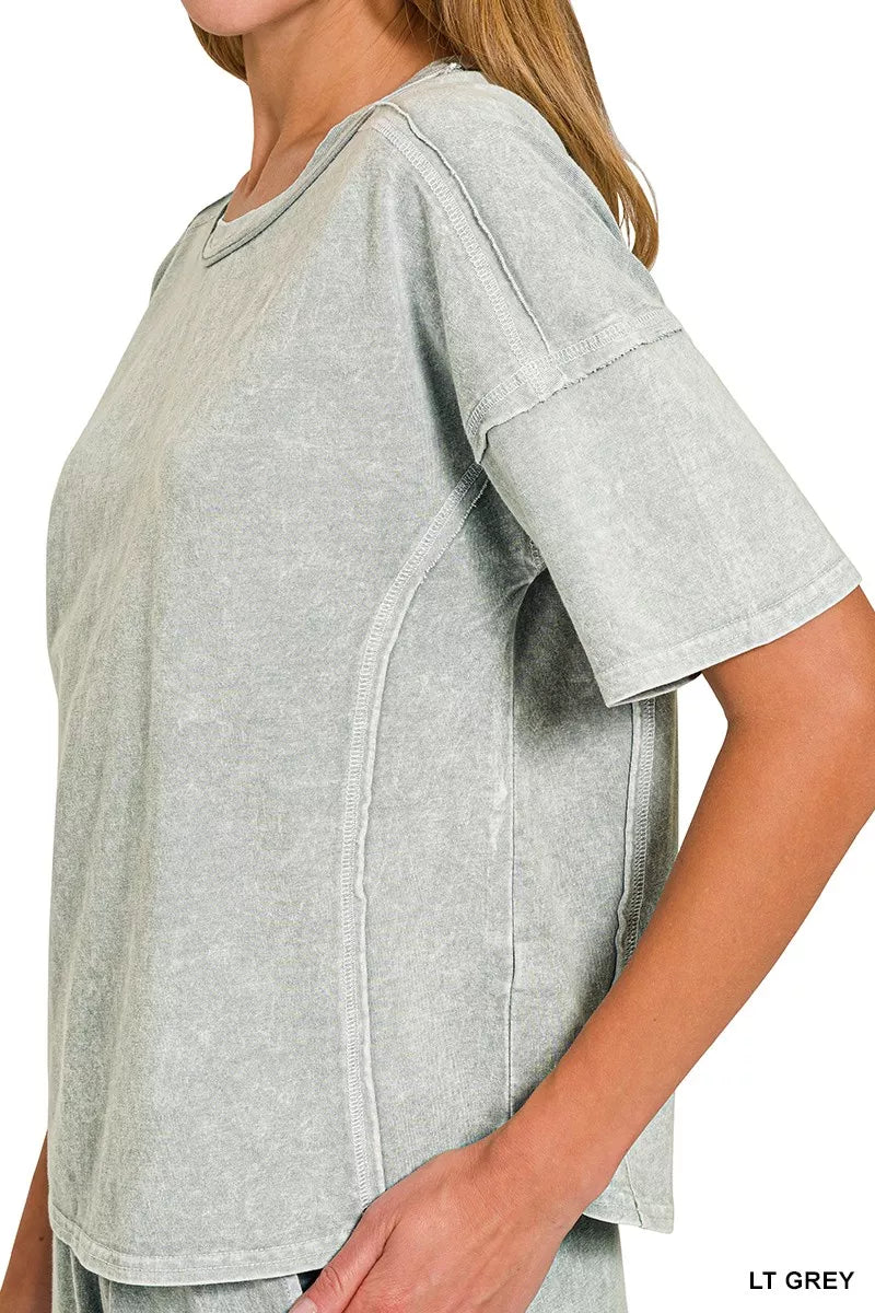 Zenana Light Gray Halo Snow Washed Short Sleeve Tee and Shorts Set
