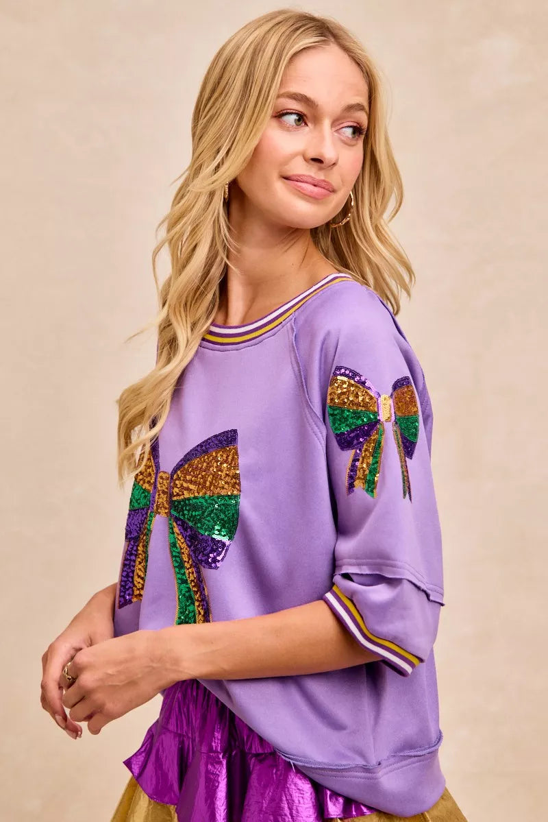 BiBi Lavender Mardi Gras Theme Ribbon Sequin Patched Top
