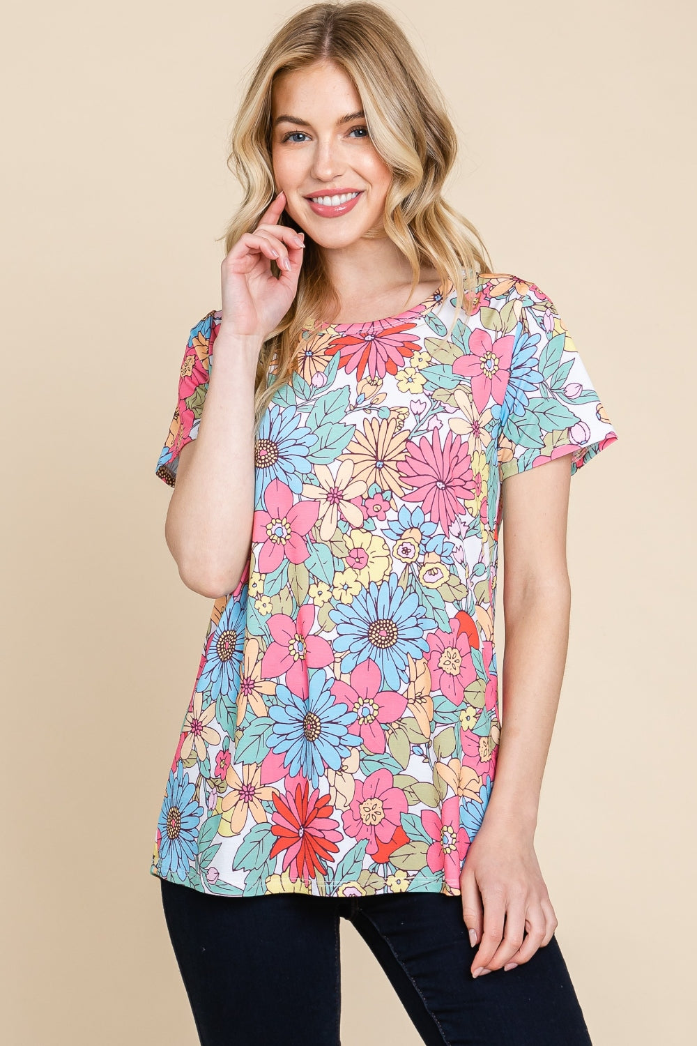 BOMBOM Multi Color Floral Short Sleeve T-Shirt Floral Trendsi