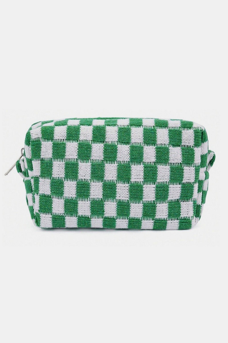 Zenana - 6 Colors- Checkered Pattern Knitted Cosmetic Pouch Green One Size