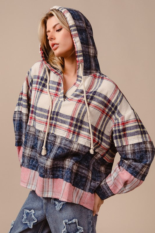 BiBi Drawstring Multi Color Plaid Drop Shoulder Hoodie