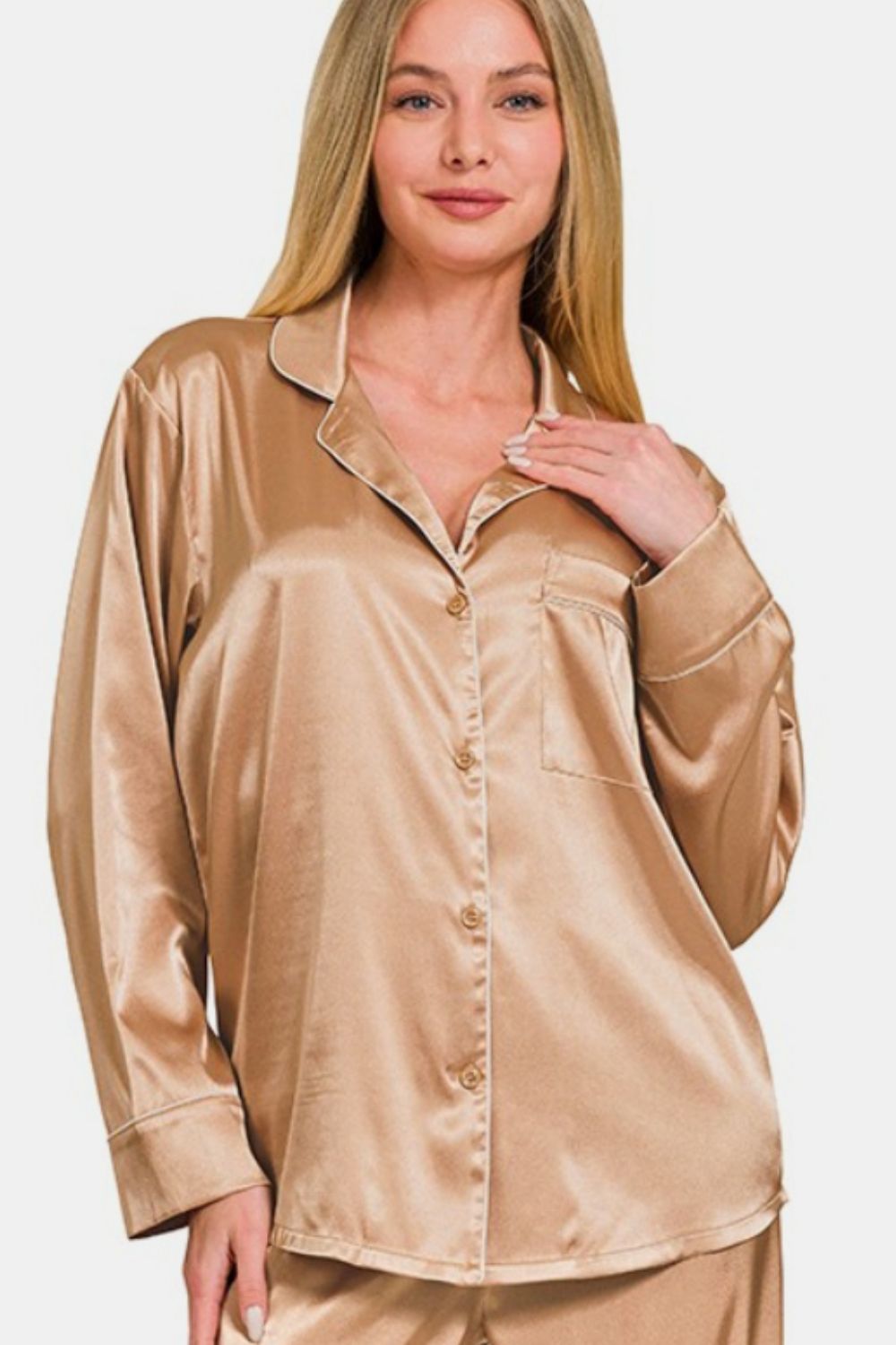 Zenana Brush Satin Long Sleeve Shirt and Pants Pajama Set Trendsi