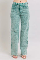 Judy Blue Sea Green High Waist Garment Dyed Raw Hem Dad Jeans SEA GREEN