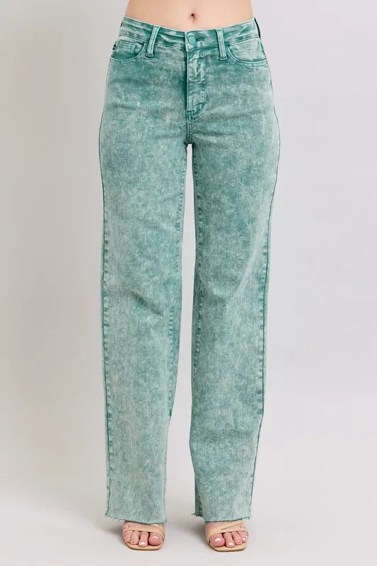 Judy Blue Sea Green High Waist Garment Dyed Raw Hem Dad Jeans SEA GREEN