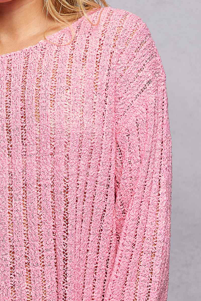 POL Barbie Pink Round Neck Long Sleeve Open Weave Sweater