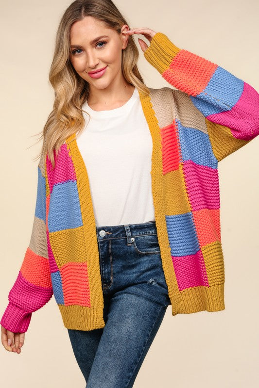 Haptics Multicolor Chunky Knit Color Block Patchwork Cardigan Haptics