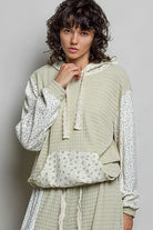 POL Sage Mixed Knit Contrast Print Sleeve Hoodie with Kangaroo Pocket