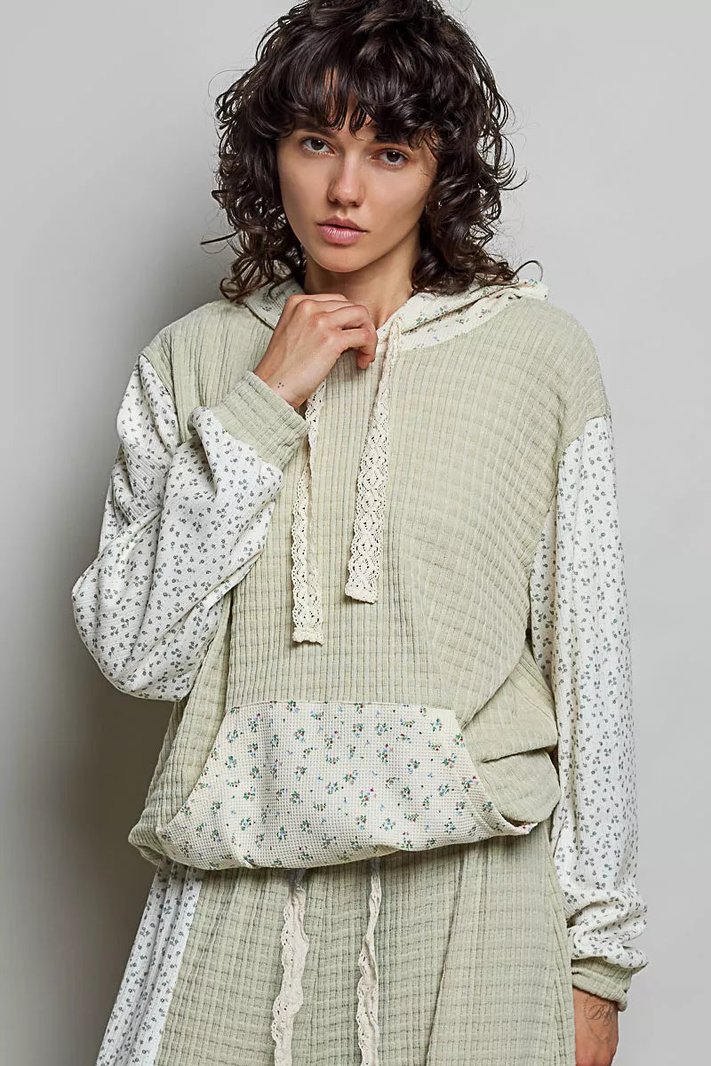 POL Sage Mixed Knit Contrast Print Sleeve Hoodie with Kangaroo Pocket