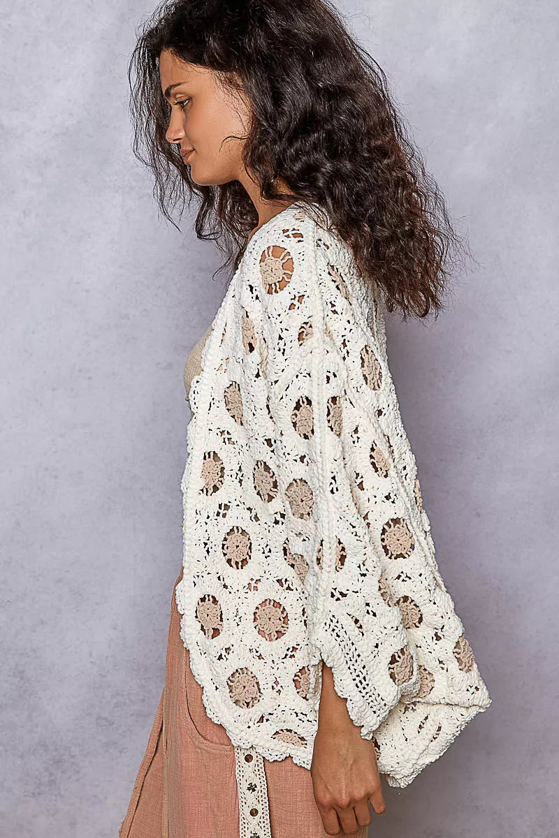 POL Openwork V-Neck Chenille Cardigan with Contrast Floral