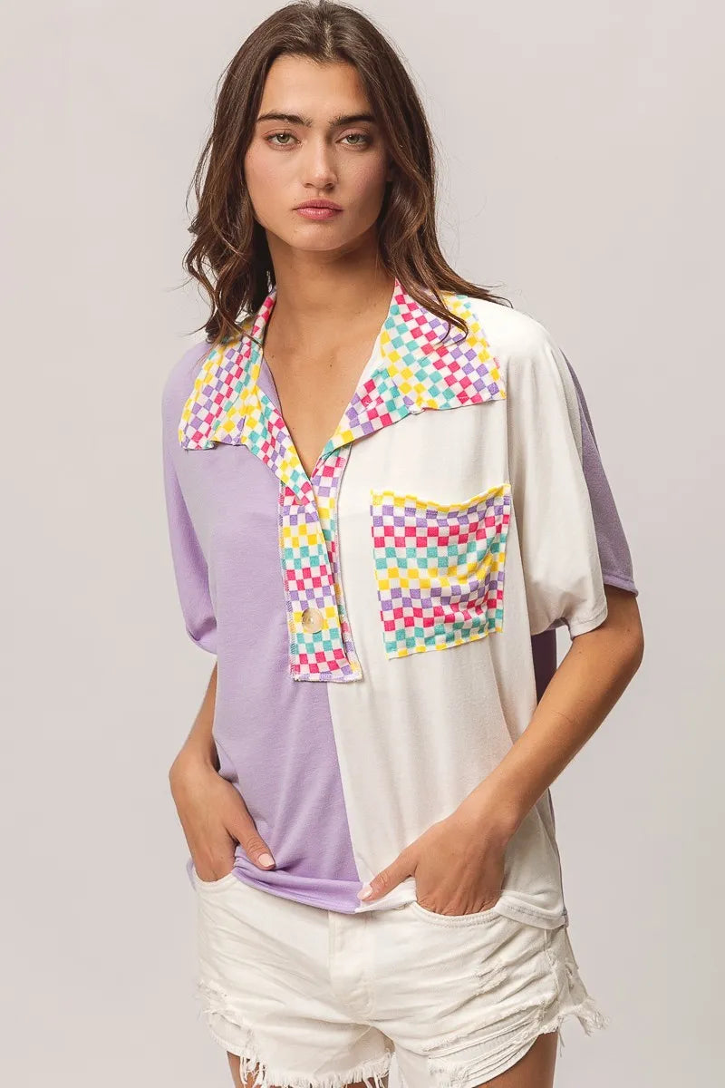 BiBi Lavender Color Block Knit with Multi Checker Contrast Top