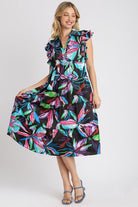 Umgee Black Leaf Print Double Layered Ruffle Sleeve Tiered Midi Dress BLACKMIX