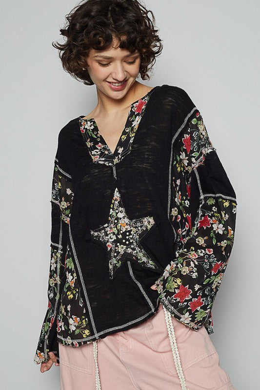 POL Black Floral Stud Detail Star Patch Notched Long Sleeve Top