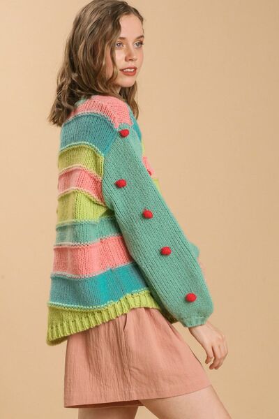 Umgee Color Block Cable Knit Sweater with Pom Pom