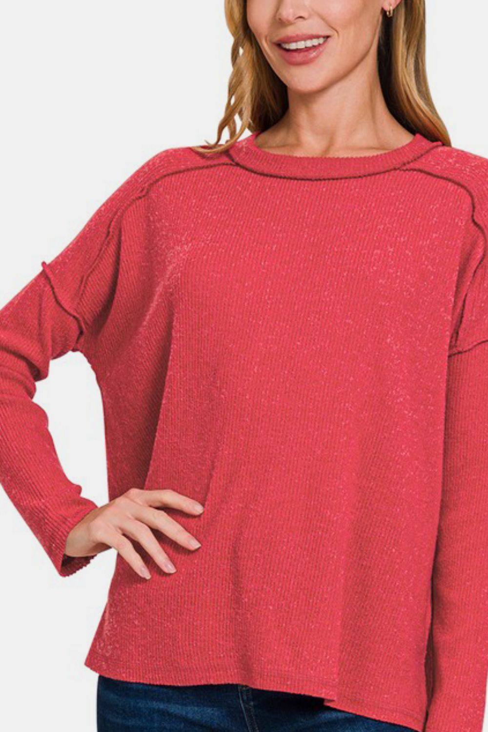 Zenana Red Exposed Seam Brushed Round Neck Sweater