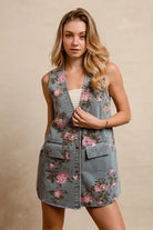 BiBi Floral Print Washed Denim Long Rider Vest Medium