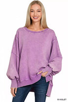 Zenana Bright Violet Acid Washed Batwing Sleeve Fleece Sweatshirt B VIOLET