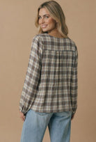 Haptics All in Check Pintuck Button Front Blouse in Oatmeal