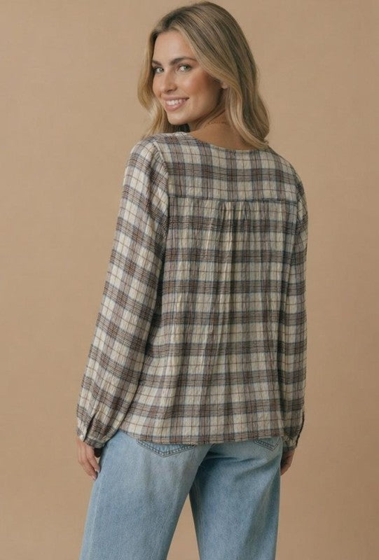 Haptics All in Check Pintuck Button Front Blouse in Oatmeal