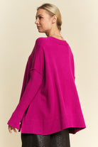 Davi & Dani Cerise Ribbed Side Slit V-Neck Sweater Shirts & Tops