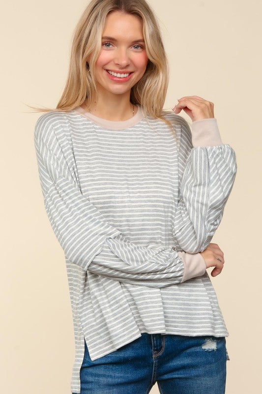 Haptics Spread Joy Grey & Ivory Striped Oversized Top