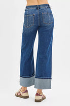 RISEN Dark Washed High Rise Crop Wide Straight Cuffed Jeans