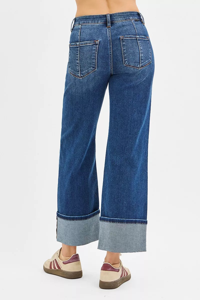 RISEN Dark Washed High Rise Crop Wide Straight Cuffed Jeans