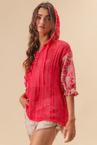 BiBi Taupe Jacquard Flower Puff Sleeve Hooded Knit Top