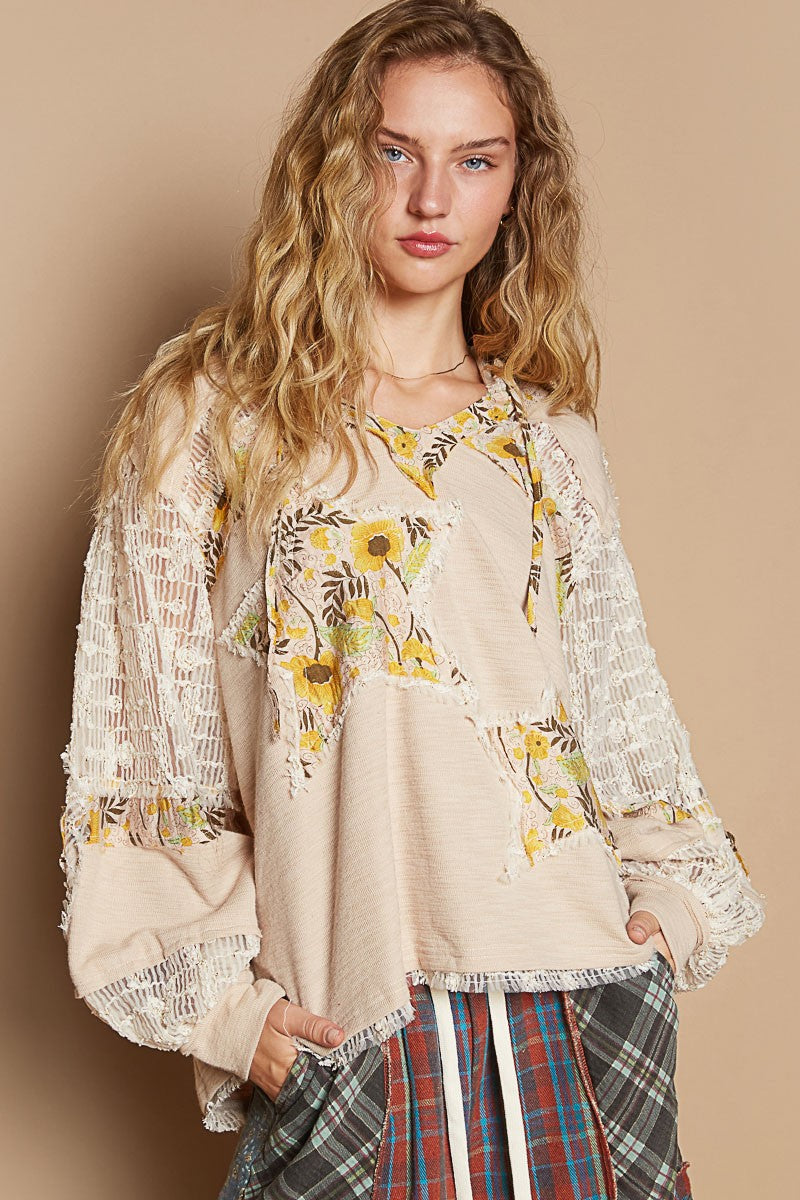 POL Beige Star Patch Lace Long Sleeve Hooded Top Trendsi