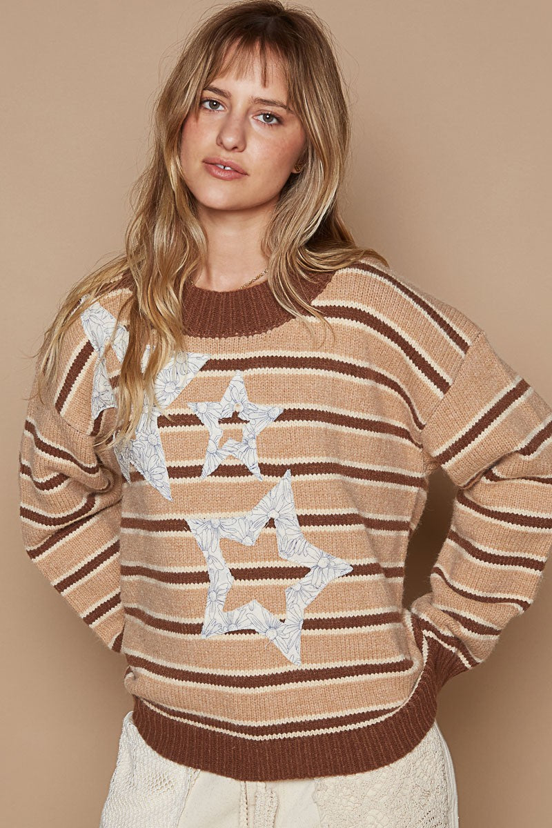 POL Star Patch Stripe Round Neck Sweater Trendsi