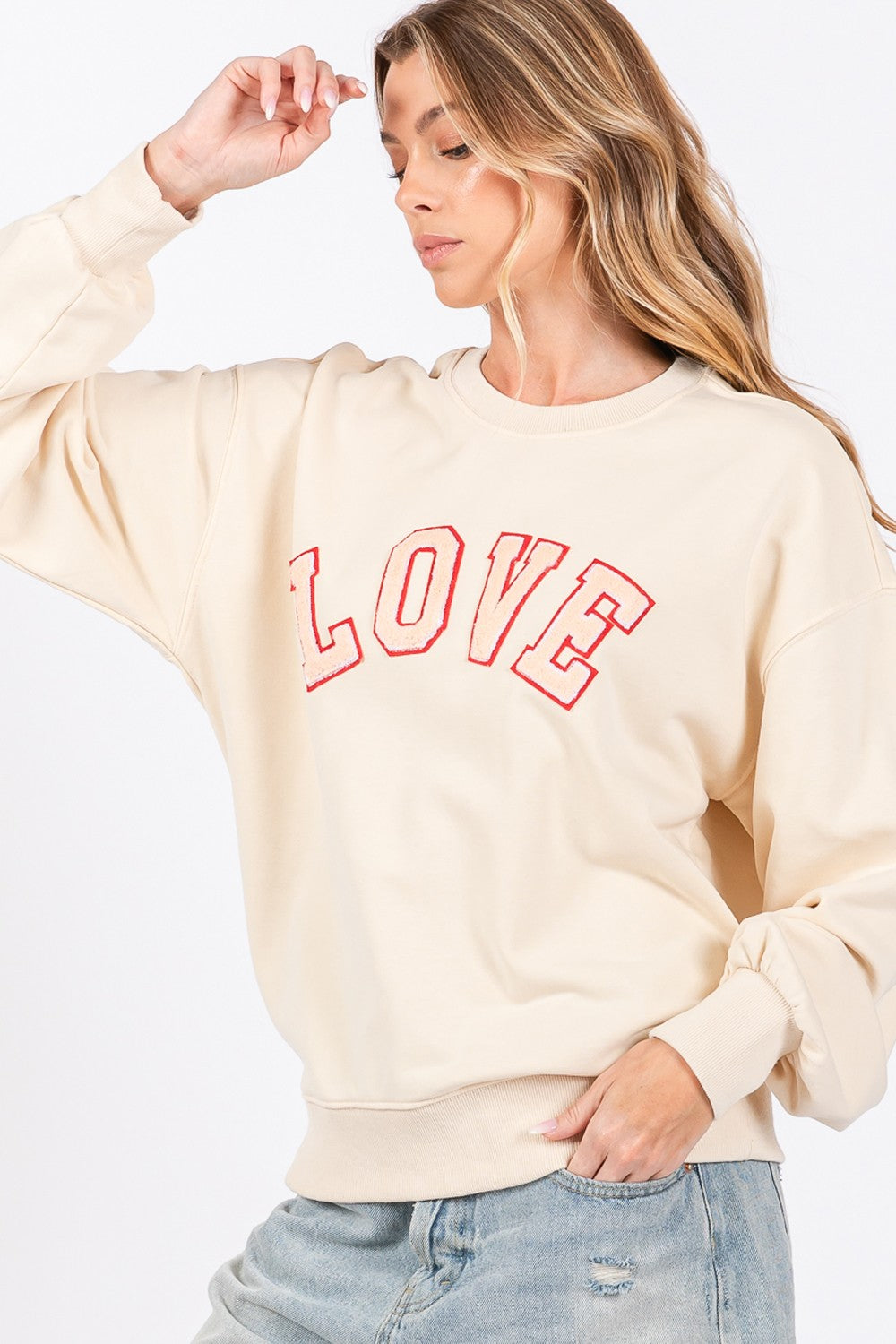 SAGE + FIG Ivory LOVE Path Applique Drop Shoulder Sweatshirt Trendsi