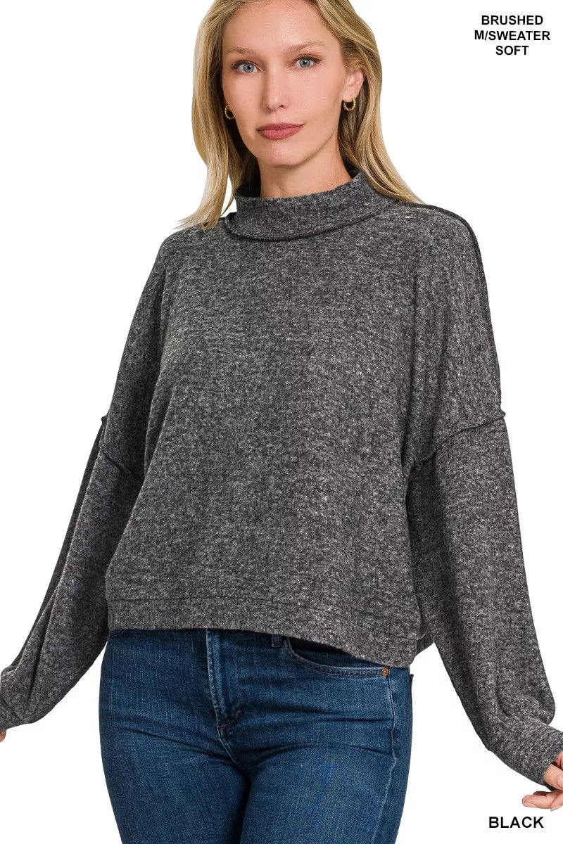 Zenana Brushed Melange Hacci Cropped Sweater BLACK
