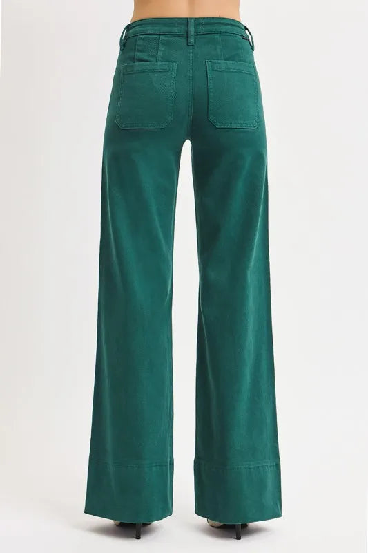 RISEN Hunter Green Tummy Control Mid Rise Wide Leg Jeans