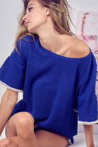 BiBi Royal Blue Popcorn Waffle Knit Top with Pompom Lace