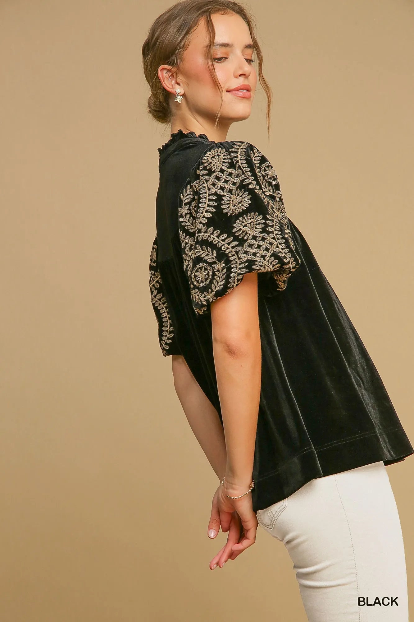 Umgee Black Velvet Embroidered Sleeve Blouse Plus Size