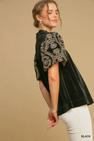Umgee Black Velvet Embroidered Sleeve Blouse Plus Size