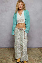POL Aqua V-Neck Long Sleeve Cardigan with Crochet Exaggerated Buttons