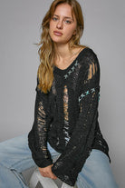 POL Black Distressed Dropped Shoulder Long Sleeve Knit Top Trendsi