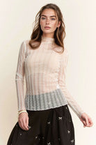 Davi & Dani White Turtle Neck Lace Dotted Stretch Mesh Sheer Top WHITE