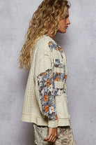 POL Zip Up Floral and Lace Patch Washed Hoodie in Cream