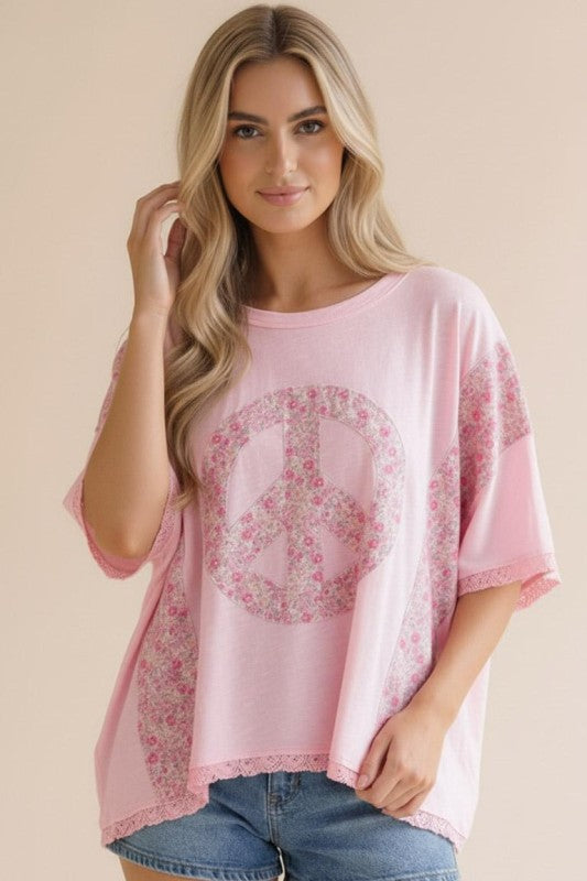 Haptics Floral Peace Sign Lace Trim Color Block Oversized Tee